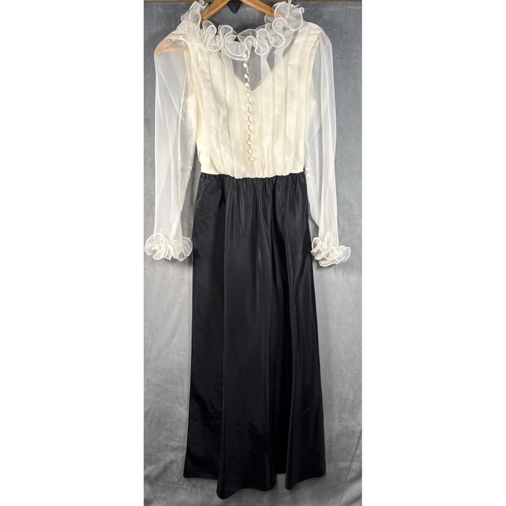 Vintage Miss Elliette California Dress 70s Ruffle Maxi Hostess Black White Sz‎ 6